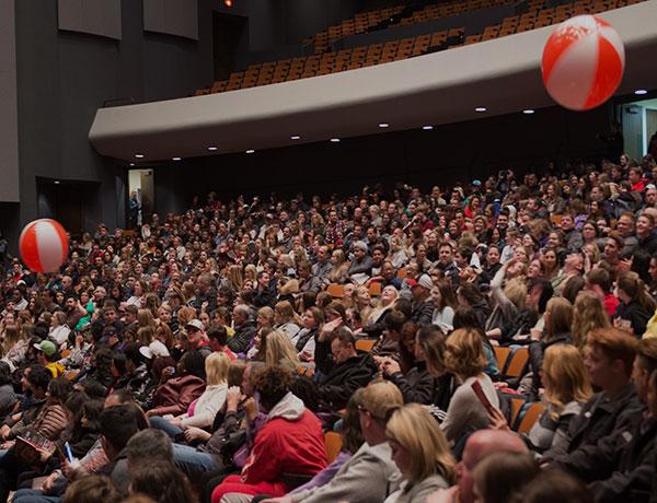 Students and parents gather for orientation in Braden Auditorium.